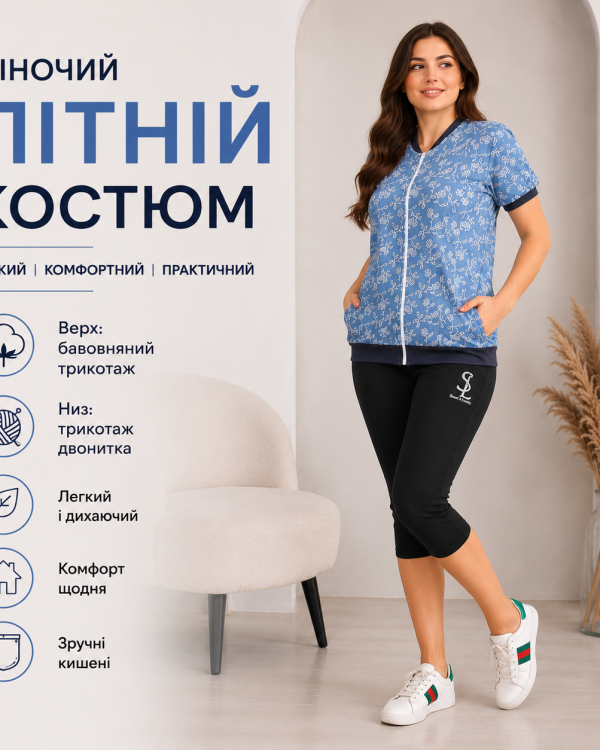 Жіночий літній костюм із бавовняного трикотажу та трикотажу двонитка блакитний