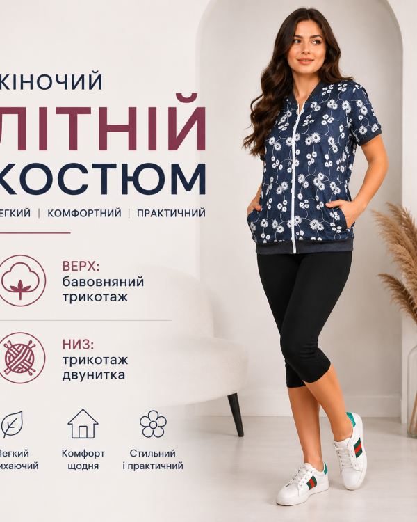 Жіночий літній костюм із бавовняного трикотажу та трикотажу двонитка великих розмірів