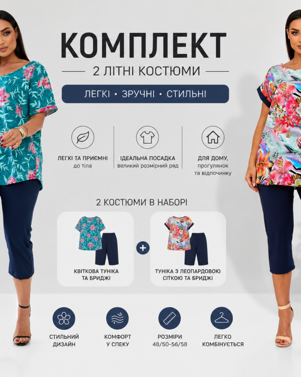 Домашня – фото | Tailer Жіночий комплект літніх костюмів з туніками та бриджами Tailer