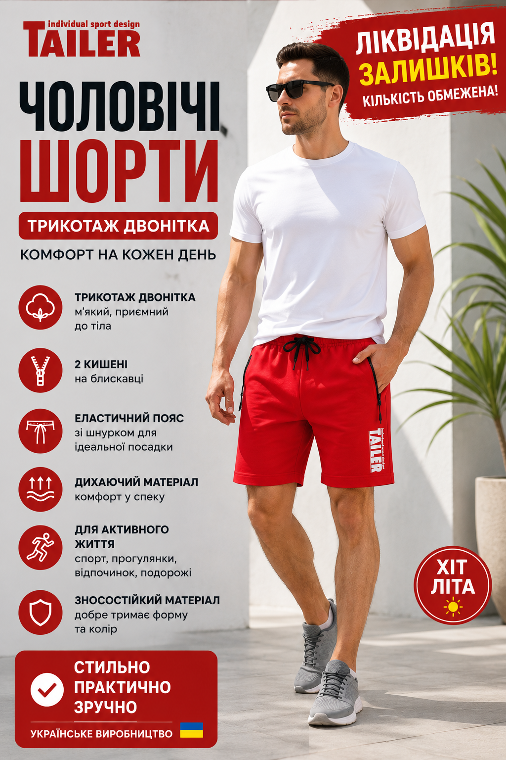 Чоловічі трикотажні шорти Tailer (2052) – фото | Tailer Чоловічі літні шорти Tailer із трикотажу двонитка червоні на блискавці