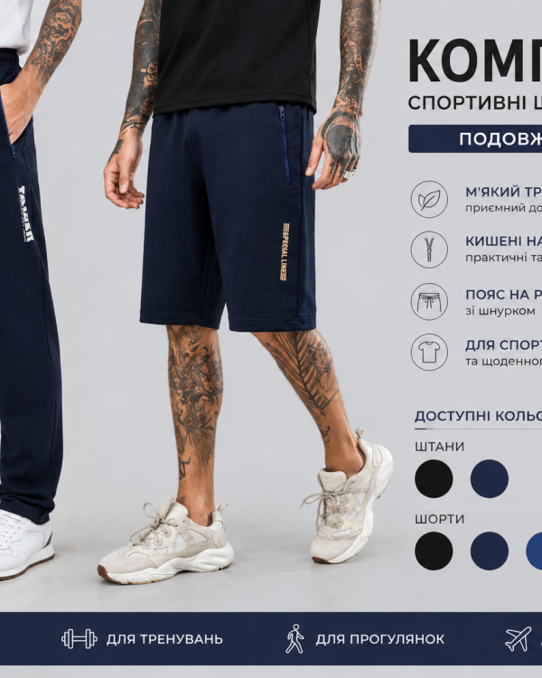 Чоловічий комплект трикотажні спортивні штани та подовжені шорти Tailer