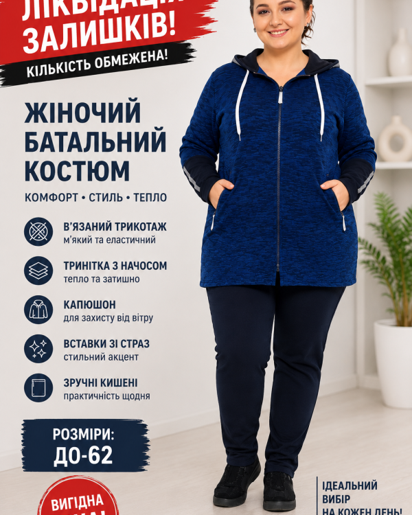 Переваги жіночого батального костюма великих розмірів із капюшоном