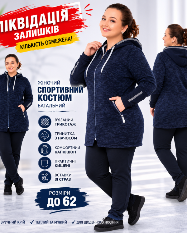 Жіночий батальний спортивний костюм великих розмірів із капюшоном – вигляд спереду, збоку та ззаду