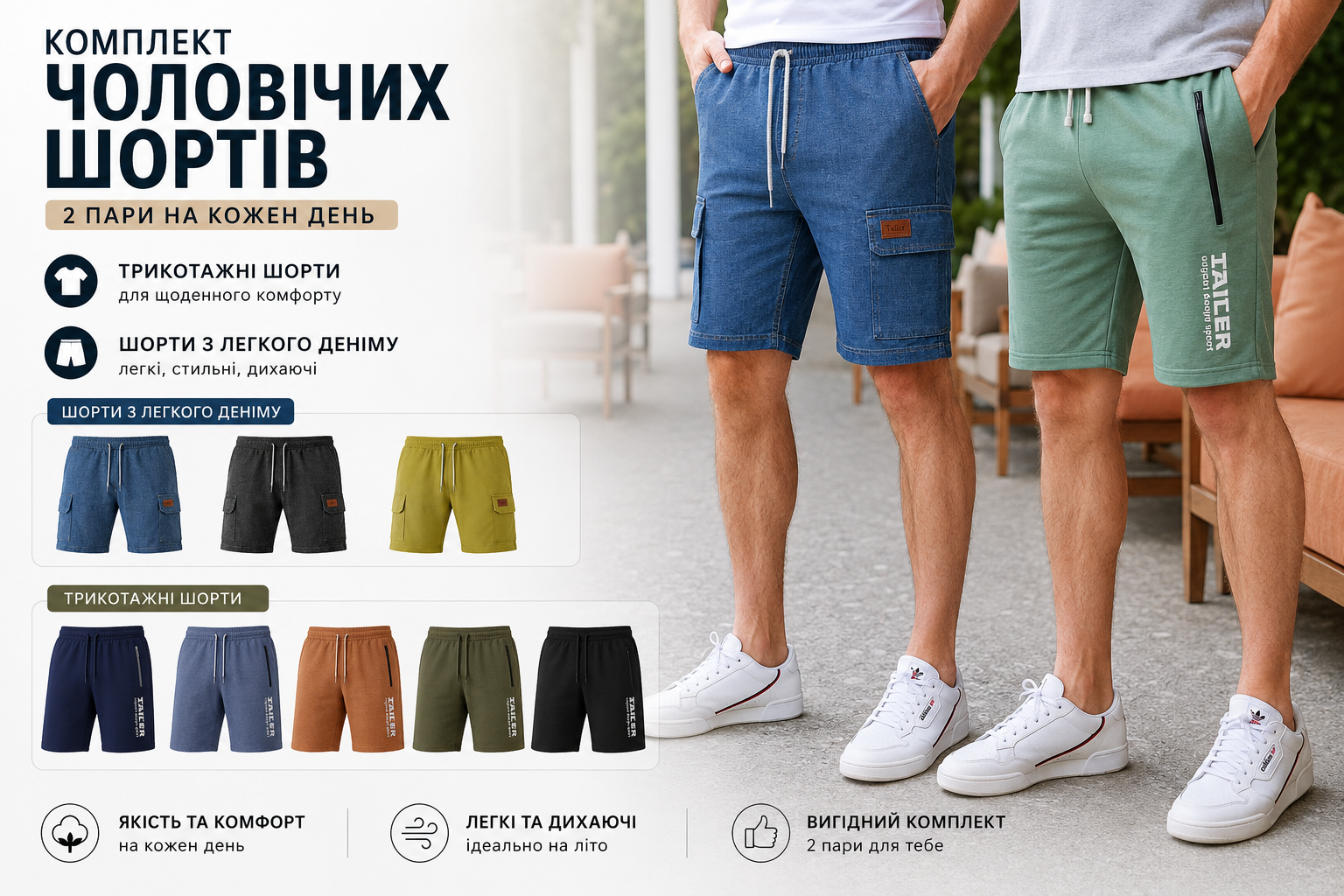 Комплект чоловічих шортів Tailer: трикотажні шорти + шорти з легкого деніму (265_2055) – фото | Tailer Комплект чоловічих шортів Tailer: трикотажні шорти та шорти з легкого деніму